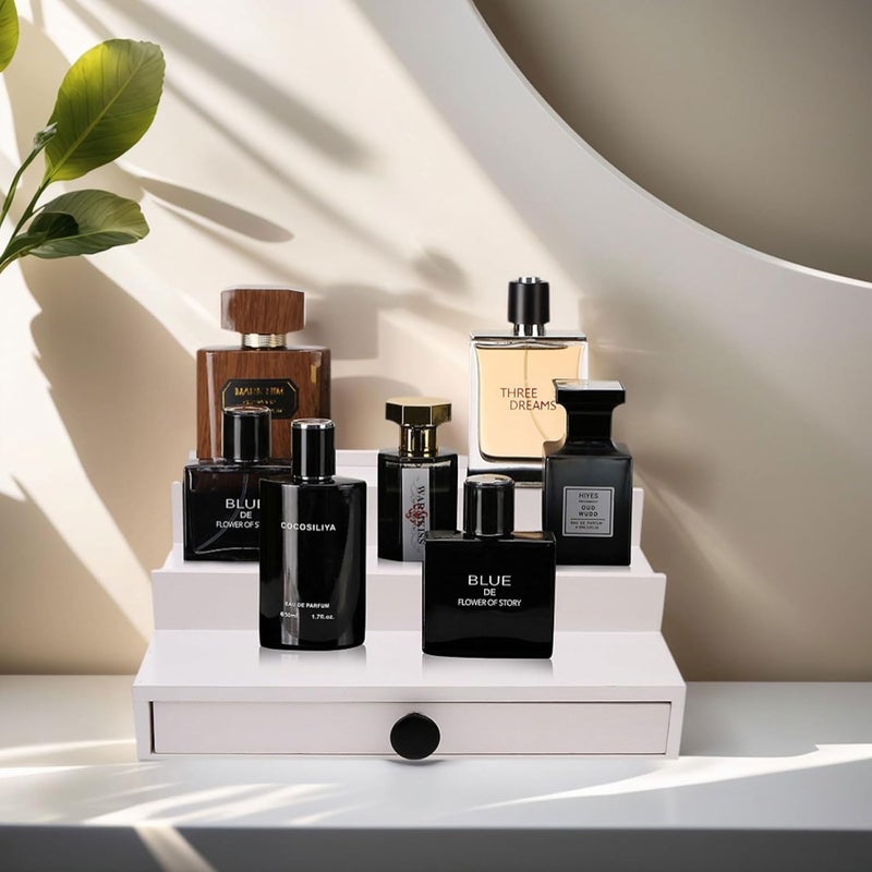 Fengligoo White Cologne Organizer for Men - 3 Tier Wooden Perfume Display Stand with Drawer and Hidden Compartment for Organizing and Storing, Cologne Holder Shelf for Dresser - Image 3